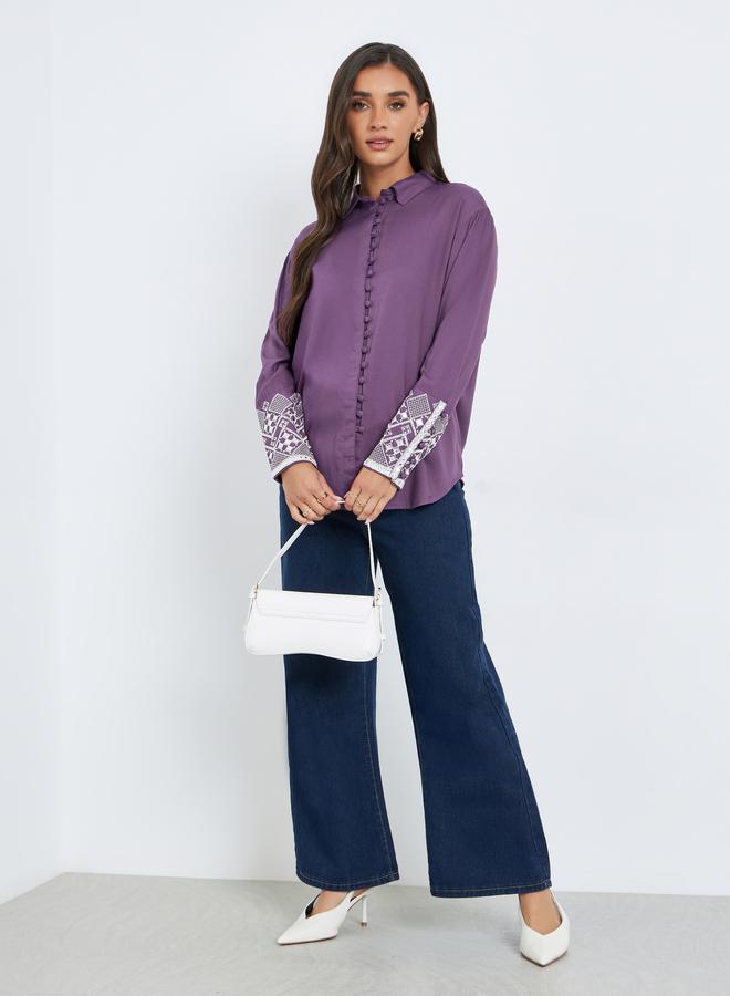 Styli Women Purple Embroidered Cuff Long Sleeve Shirt - Image 1